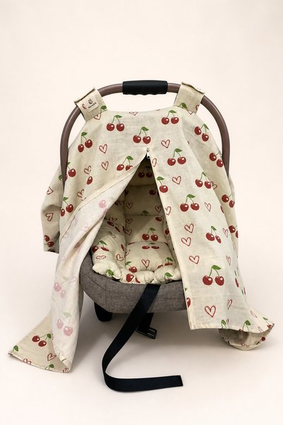 Ponchik Cherry Patterned 100% Cotton Gots Certified Zippered Stroller Cover and Cushion Set (100X90 cm)