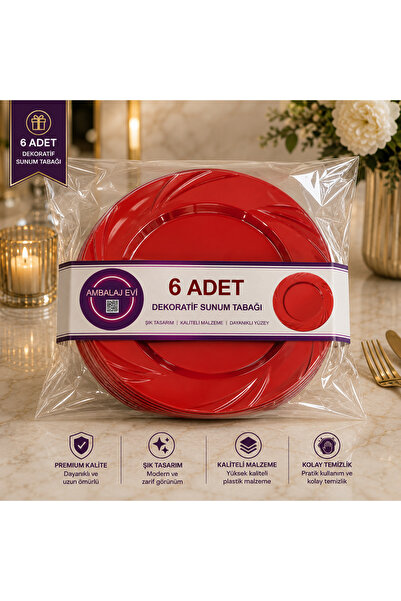 Ambalaj Evi Crystal Round Mica Plates 6 Pieces 23 cm Mica Plates Red