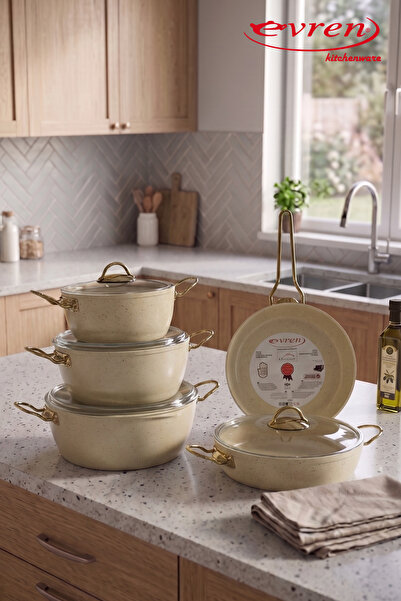 Evren 9 Piece Cream Ezme Series Granite Cookware Set Non-Stick Base Non-Stick
