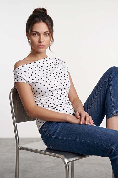 Fulla Moda Polka Dot Boat Neck Draped Blouse