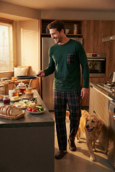 Buratti Plaid Pocketed Elastic-Waist 100% Cotton Regular Fit Pajama Set Men’s...