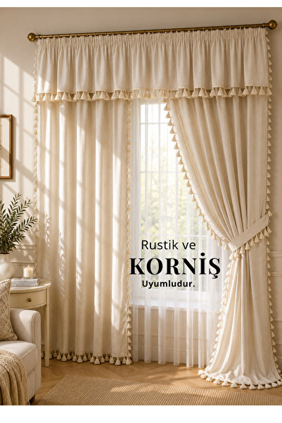 perde plus Püsküllü , Farbelalı Perde Takımı – 3’lü Set, Rustik & Korniş Uyumlu