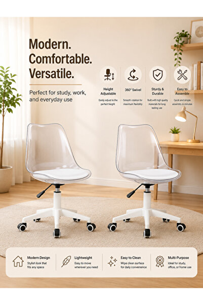 Taimi Set of 2-Adjustable Swivel 360° Armless Desk Chair, wheels, transparent...