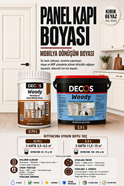 DECOS Woody - Panel Kapı Ve Panel Ahşap Boyası Su Bazlı Kokusuz 8 Farklı Renk...