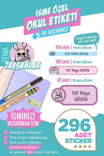 colortouch 296 ADET Tavşanlar Serisi Okul Etiketi Kalem Etiketi Defter Etiket...