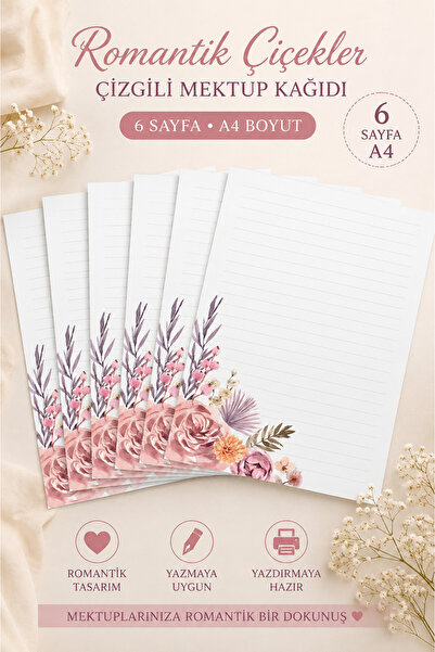 Welly Jones Romantic Flowers Detailed, Striped Letter-Note Paper, (10 Pcs A4 ...