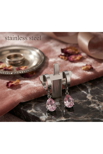 stainless steell أقراط فضية اللون وردية اللون من الفولاذ على شكل قطرة
