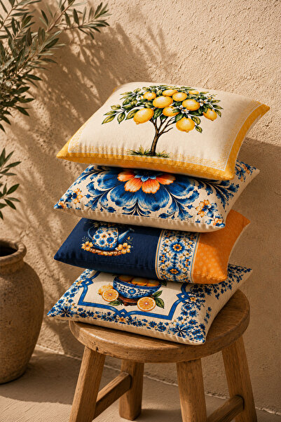Otaera Amalfi |   Lemon & Tile Patterned 4-Piece Throw Pillow Cover and Runne...