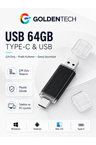 Golden Tech 2 In 1 Çift Taraflı Type-c Usb 2.0 64 Gb Usb Bellek
