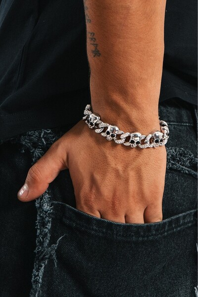 Crupt Studio 15mm Iced Out Skull Cuban Chain Erkek Bileklik KA1383GM