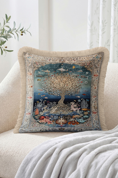Realhomes Blue Fringed Throw Pillow Cover with Underwater Trees, Fish and Sea...