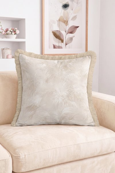 Realhomes Beige Leaf Motif Cream Floor Fringed Throw Pillow Cover - Modern Tassel Pillowcase