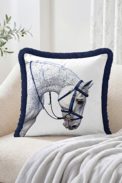 Realhomes Navy Blue Detailed Fringed Cushion Cover with White Horse Head Figu...