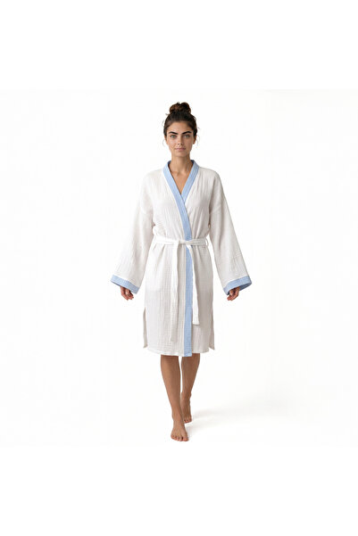 Home Harmony Colorful Collar Kimono 4 Layer Muslin Bathrobe
