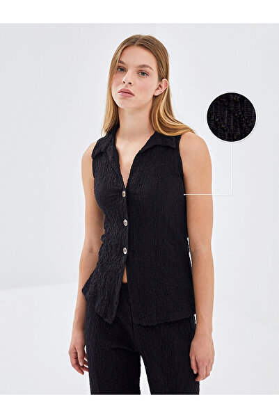LC Waikiki Lcw Vision Black Shirt Collar Textured Women's Blouse