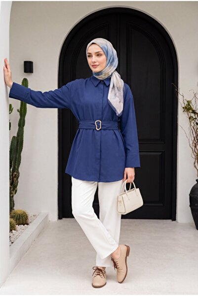 Modamorfo Poplin Tunic with Buckle Belt, Double Cuff Sleeves and Hidden Butto...