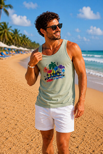 İLKCET MODA Men's Beach Themed Printed Oversize Tank Top