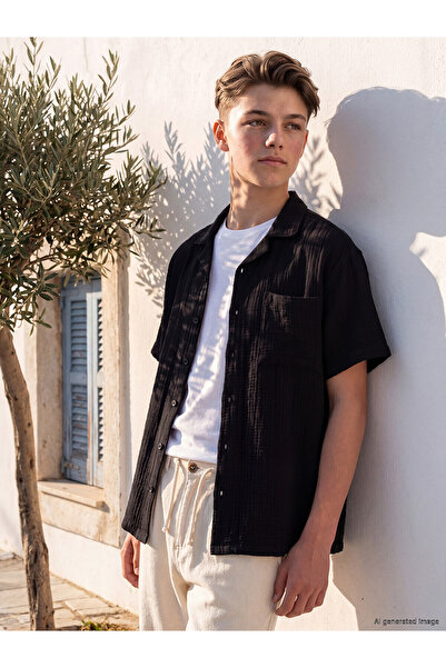 LC Waikiki Nevavm Short-Sleeved Muslin Boy's Shirt with a Difference