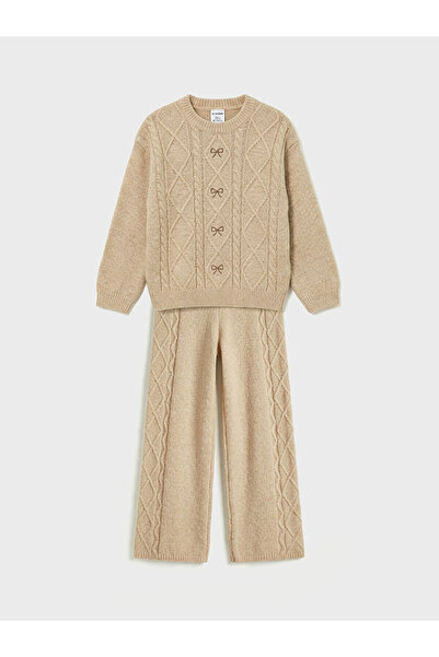 LC Waikiki Beige Bow Embroidered Baby Girl Knitwear Sweater and Pants