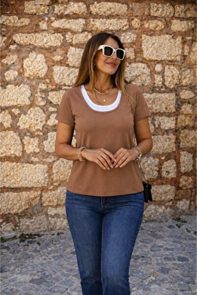 Generic Brand Women's Short Sleeve Round Neck Double Color Viscose Blouse