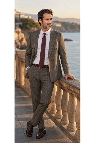 PARLAMENTER Fabio Cassel Kurvaze Takım Elbise Erkek Premium Slim Fit Çizgili ...