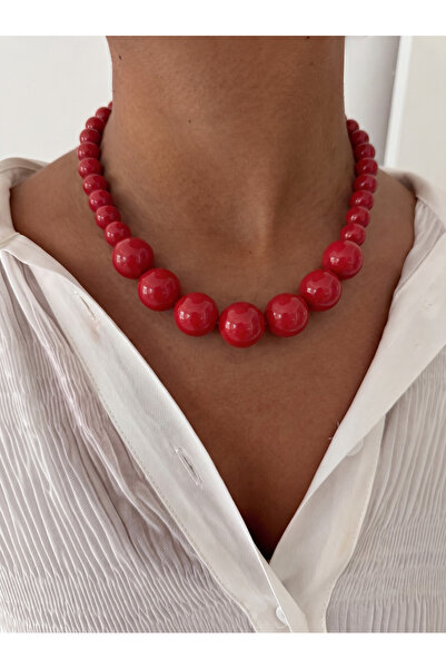 Esdem Accessories Kırmızı İri Akrilik Boncuk Kolye