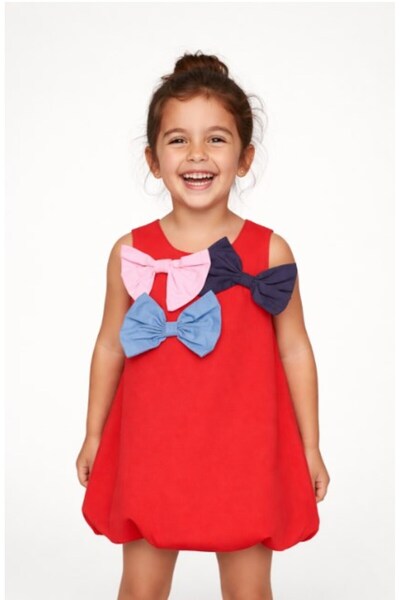 Tuc Tuc Girl's Red Three Bow Detailed Balloon Dress 2-8 Years Old Red
