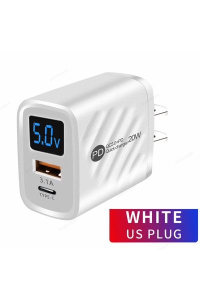 choice2 شاحن USB نوع C أبيض أمريكي بقوة 20 واط مع شاشة رقمية للشحن السريع، مح...