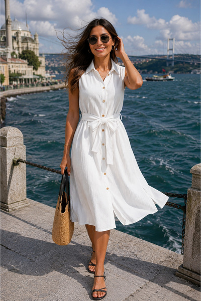 MODA Yıkamalı Müslin Kumaş Kuşaklı Gömlek Yaka Midi Elbise