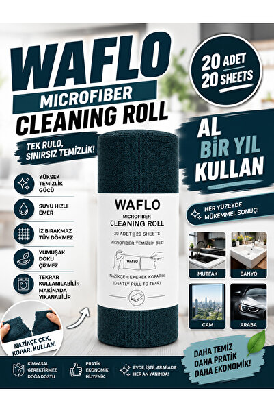 WAFLO 20'li Mikrofiber Temizlik Bezi Rulosu-Petrol Mavisi- 25x25 cm