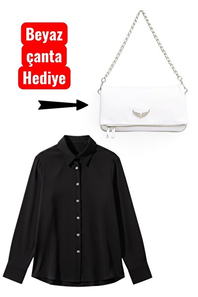 Morlex Women's Oversize Wide Cut Long Sleeve Black Satin Shirt White Bag Gift