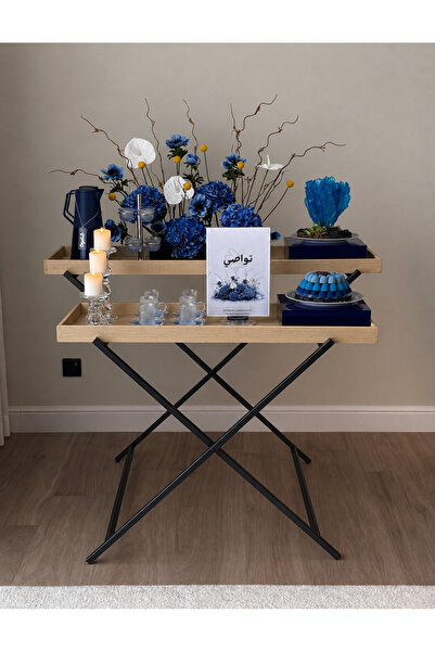 loay Modern Wooden Service Table with Two Tops and Black Iron Frame-100*90*35...