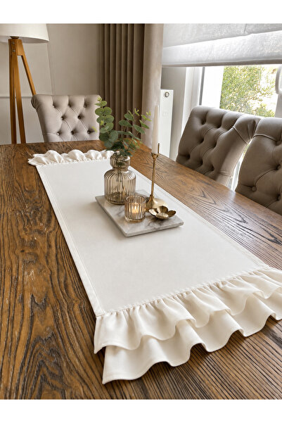 Decamor home Pearl Velvet Textured Double Layer Ruffled Long Decorative Ecru ...
