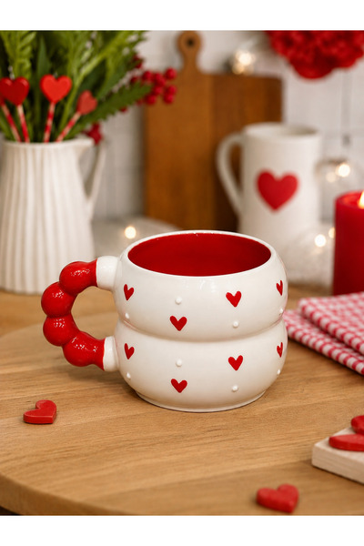İZart Specially Embossed, Completely Handmade Ceramic Mug with Red Painted Do...