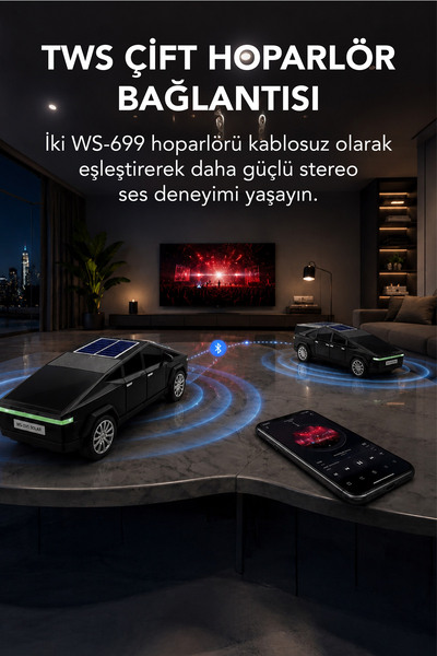 Teknoloji Gelsin WS-699 Cybertruck Model Bluetooth Hoparlör | TWS Stereo | Güneş Enerjili Şarj | USB / TF Kart / AUX / FM Radyo