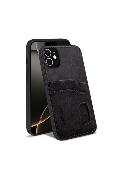 Zebana Apple iPhone 11 Uyumlu Kılıf Kartlıklı Lüx Deri Kılıf Siyah