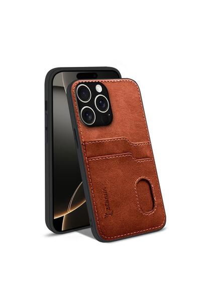 Zebana Apple iPhone 15 Pro Uyumlu Kılıf Zebana Kartlıklı Lüx Deri Kılıf Kahve...