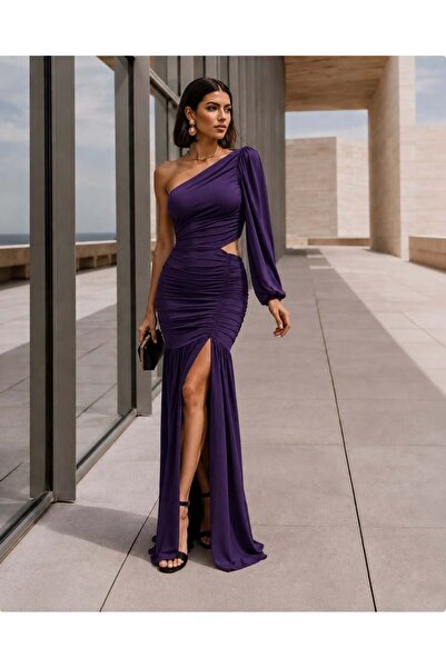 Modafeminen One-Sleeve Draped Evening Dress with Window Detail 582758 Purple