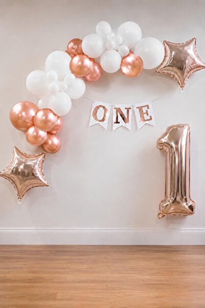 Patladı Gitti Rose Gold One 1St Birthday Party Set – White and Rose Gold Ball...