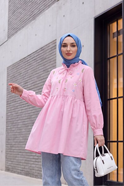 Modamorfo V Yaka Bağlamalı Yakası Fırfırlı çiçek Nakışlı Poplin Tunik -pembe