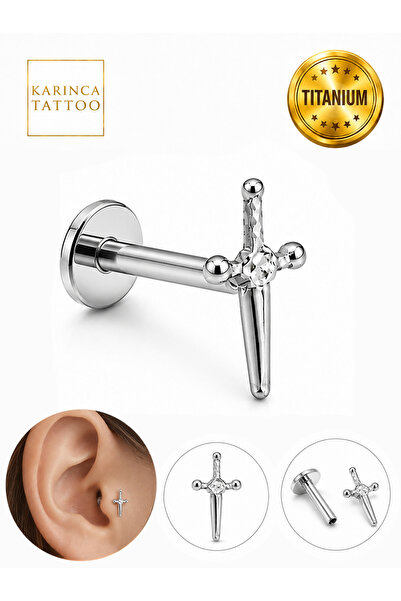 Karınca Piercing Minimal Dagger Zirkon Taşlı Titanyum Tragus Piercing Kılıç F...