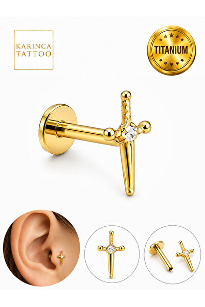 Karınca Piercing Minimal Dagger Zirkon Taşlı Titanyum Tragus Piercing Kılıç F...