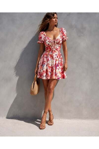 Modafeminen Desen7 Square Neck Short Sleeve Floral Mini Summer Dress 581722
