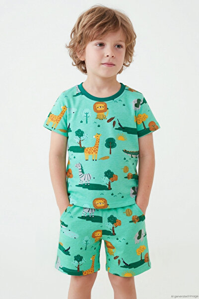 Breeze Boy's Shorts Pajama Set Safari Themed Cute Animals Patterned 1.5-5 Yea...