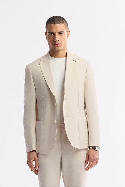 Avva Men's Beige Mono Collar Lightweight Soft Touch Blazer Comfort Slim Fit J...