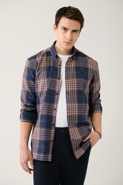 Avva Men's Navy Blue-Brown Buttoned Collar Cotton Plaid Lumberjack Shirt A32Y...
