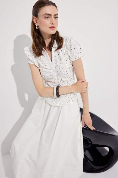 DeFacto Fitted Polka Dot Bengaline Short Sleeve White Shirt H8079Ax26Sm