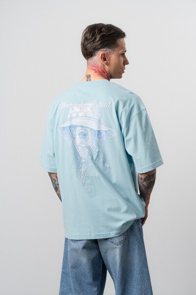 Respire Tricou oversize cu imprimeu rafinat pentru bărbați, albastru bebeluș