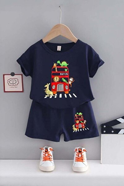 Bubito طقم شورت صيفي للأطفال من القطن بتفاصيل حيوانات - أزرق داكن