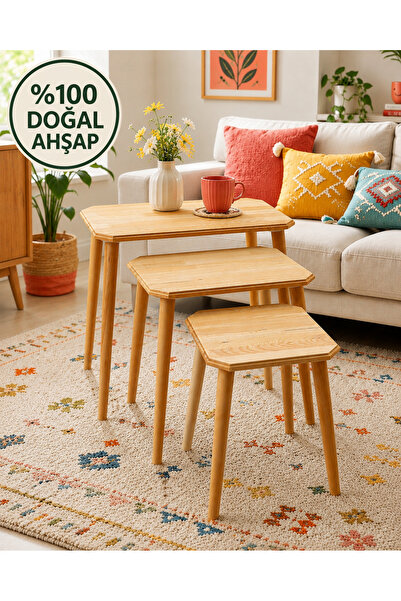 Mitra Atelier Doğal Ahşap 3'lü Zigon Sehpa Takımı Çam Sehpa